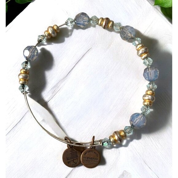 Alex And Ani Gold Charm Bangle With Blue & Clear Beads Adjustable Fit 2.0"- 3.5" - Picture 2 of 2